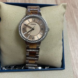 Fossil ES3697 Women's Stainless Steel Silver Tone 29mm Watch Jeweled Accents